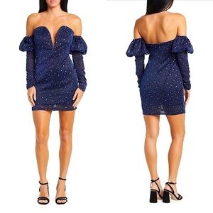 Area Stars Sparkle Off Shoulder Plunge Puff Long Sleeve Bodycon Mini Dress